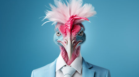 a man in a suit with birds on his head, showcasing a surrealistic and grotesque style. the portrait, rendered in cinema4d, features hyperrealistic animal portraits. the light blue and pink color scheme adds a stylish touch to the costume design. this unique artwork combines elements of object portraiture, dinopunk, and surrealism. ai generatedの素材