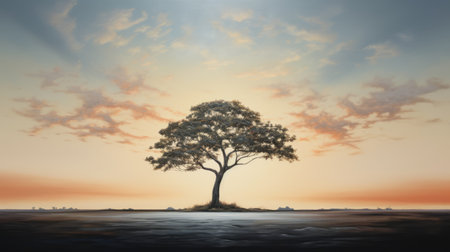 a minimalist dusk-inspired oil painting featuring a lone tree as the off-center focal point. this artwork incorporates collage techniques and elements of photography to create texture and depth. ai generatedの素材