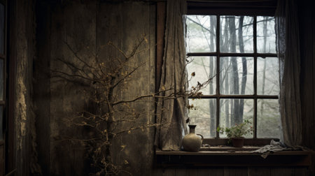 a room featuring two wooden windows and a wood planter on the window ledge. the scene is reminiscent of brad kunkle's style, with twisted branches and rural life elements. the selective focus adds a moody and atmospheric touch, while the overall composition exudes the essence of american romanticism. the image captures a raw vulnerability. ai generatedの素材