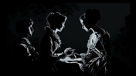two women engage in conversation over dinner in a dimly lit room. the scene is reminiscent of intricate black and white illustrations, exuding a sense of rococo elegance. the silhouette lighting adds a touch of mystery to this historical fiction setting. the digital art techniques employed by victoria francs bring the illusory wallpaper portraits to life. ai generatedの素材