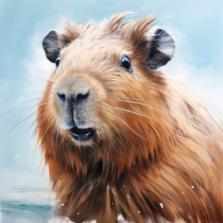 a stunning watercolor illustration capturing the essence of a guinea pig, with a hyperrealistic touch reminiscent of marine life. the artwork showcases a blend of dark amber and sky-blue hues, creating a visually captivating piece. the caricature faces add a playful element, while the influence of himalayan art and traditional british landscapes adds depth to this furry art masterpiece. ai generatedの素材