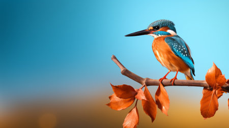 a colorful bird perched on a branch amidst vibrant autumn leaves. this hyperrealistic sculpture, created in the style of zbrush, showcases a stunning combination of dark sky-blue and light orange hues. the intricate details and lifelike appearance make it a captivating piece of miniature artwork. with minimal retouching, this image is perfect for wallpaper or to add a touch of duckcore aesthetic to your space.の素材