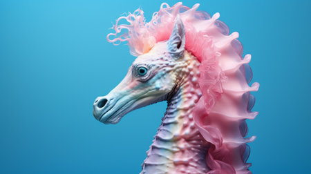a pink sea horse sculpture, in the style of baroque sci-fi, is showcased on a vibrant blue background. this close-up photograph captures the photorealistic details of the sculpture, highlighting its colorful and fantastical design. made of plastic, the sculpture embodies a blend of hyper-realistic animal illustrations and imaginative elements of fantastical machines. ai generatedの素材