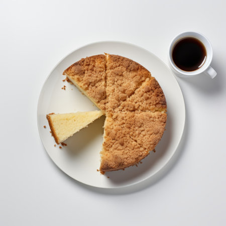 a white cake on a plate is beautifully presented alongside a glass of coffee. this stunning photograph, captured in the style of 8k resolution by jordan grimmer, showcases minimal retouching. the image, influenced by sana takeda's aesthetic, is stark and unfiltered, with jump cuts adding a dynamic touch. the tonal sharpness enhances the visual impact of this delectable dessert and its accompanying beverage. ai generatedの素材