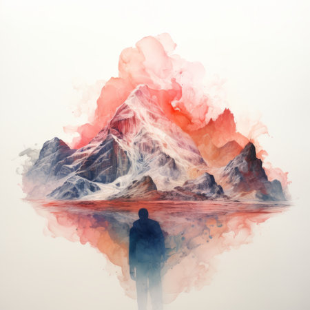 man admiring stunning mountain and mountain range scenery while painting in watercolor, inspired by the style of max rive. the double exposure effect adds a touch of artistic flair, with light red and light gray hues creating a captivating atmosphere. the image showcases beautiful reflections and mirroring, with isolated figures, including mehl amundsen, adding a sense of scale and wonder. ai generatedの素材