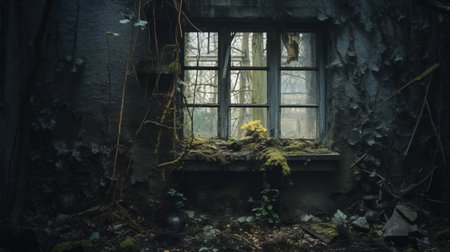 an abandoned house with a window overlooking the street, captured in the atmospheric woodland style of photography. this uhd image showcases the vanitas theme, with a touch of environmental portraiture. the dark silver and yellow tones create a captivating contrast, while the window is adorned with vines, reminiscent of the dusseldorf school of photography. ai generatedの素材