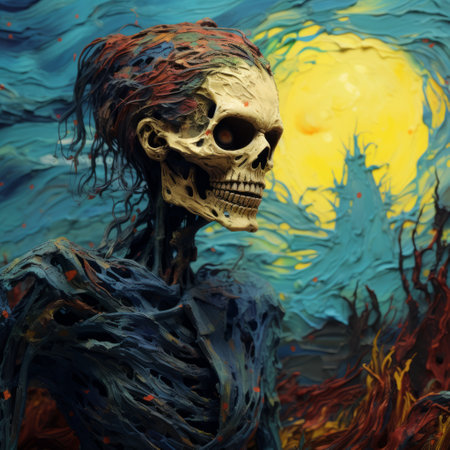 a modern impressionistic painting featuring a skeleton against a backdrop of a sky and moon. this artwork combines elements of distorted portraiture, zbrush techniques, and the influence of vincent van gogh's style. the use of drip painting adds a dynamic touch, while the dark cyan and yellow hues create a realistic hyper-detail effect. ai generatedの素材