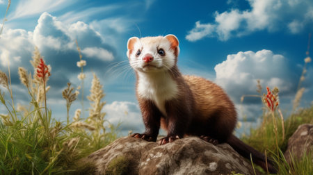 ferrets perched on a rock by the roadside, against a backdrop of vivid blue skies. their facial expressions are intense, showcasing their strong personalities. the image features a light red and white color palette, with a photorealistic rendering that brings out every detail. the scene is depicted with scientific accuracy, reminiscent of the style of joachim patinir. ai generatedの素材