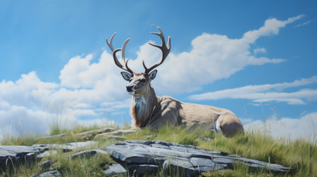 a hyperrealistic landscape painting featuring a deer peacefully resting on lush green grass, set against a vibrant blue sky. this artwork showcases the influence of renowned artists such as whistler, david ligare, kevin hill, and kent monkman, combining elements of naturalistic portraiture and detailed character illustrations. ai generatedの素材