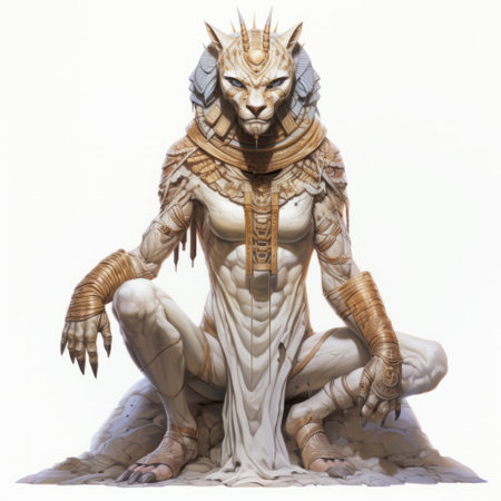 an animal styled figurine in egyptian costumes, inspired by detailed science fiction illustrations. the figurine is light in color, with a combination of white and bronze tones. it exudes a sense of grotesque beauty, resembling chilling creatures from a hyperrealistic painting. the figurine's design showcases layered translucency, reminiscent of characters found in marvel comics. ai generatedの素材