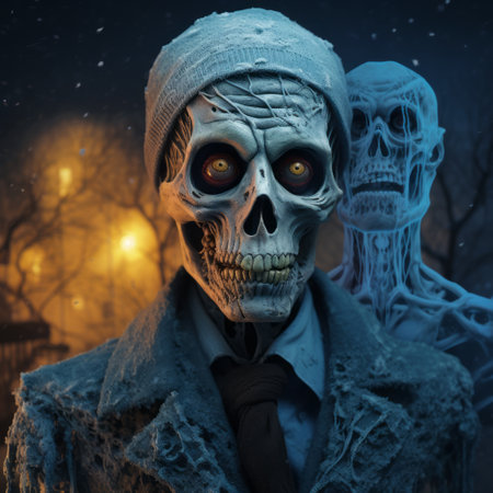 a screenshot of a haunted city filled with ghosts, created in a realistic portraiture style using cinema4d. the image features skull motifs and detailed character illustrations, showcasing the high level of detail. created by oleg shuplyak, the artwork exudes a cold and detached atmosphere. ai generatedの素材