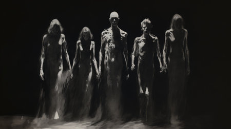 the photo captures a haunting scene of ghostly women dressed in white, depicted in a charcoal drawing style. these otherworldly beings stand against a black background, creating a monumental scale effect. the hyper-realistic oil technique used in this minimalist composition adds to the eerie atmosphere of the image. ai generatedの素材