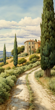 a mesmerizing inlet artwork featuring a winding coastal road, towering cypress trees, and a luxurious villa perched on a hill. the dark green foliage of the trees contrasts beautifully with the brilliant blue sky, creating a serene and elegant scene. this watercolor painting on textured paper captures the beauty of nature and invites a sense of tranquility. ai generatedの素材
