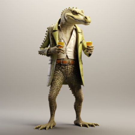 a 3-dimensional cartoon of an alligator holding a wine glass, showcasing a stylish costume design. this hyper-realistic sci-fi sketchfab captures candid shots of famous figures, incorporating elements of dieselpunk. the character study showcases the alligator's full body, creating a visually captivating and unique piece of art. ai generatedの素材