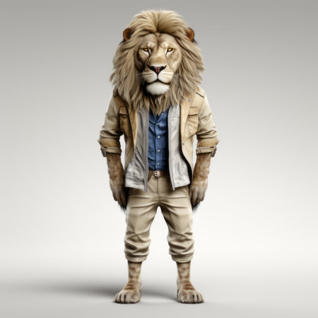 male lion character illustration wearing leather shoes and shirt. this 3d artwork combines realistic and fantastical elements, featuring a light white and beige color palette. the stylish costume design adds a touch of sophistication. created with complex layering techniques, this unique artwork is made using a konica big mini camera and can be found on flickr. ai generatedの素材