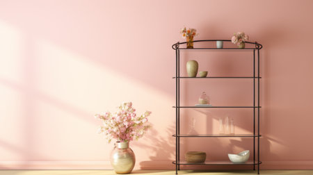 the table, chair, bookshelves, and flowers are showcased against a pink painted wall in a realistic rendering style. the colors used are light bronze and light black, creating a traditional japanese aesthetic. the furniture is made of glass, adding a touch of elegance. the image is in uhd quality, and the overall color scheme is monochromatic, with shades of light pink and light amber. aiの素材