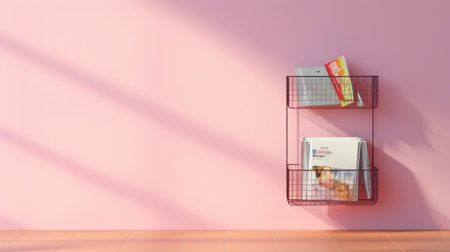 a rack hanger with a magazine is depicted on a pink wall in this 3d drawing. the artwork is created in the style of a kitchen still life, featuring a soft atmospheric perspective. books and portfolios are also included, adding depth to the composition. the playful use of perspective, along with the tumblewave and physically based rendering, creates a visually captivating scene. the color paletteの素材