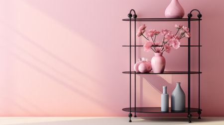 a black shelf adorned with vases in varying shades of dark pink and light pink. the vases, made of wrought iron, feature delicate cherry blossom designs. the overall aesthetic is characterized by a childlike simplicity, with a monochromatic color scheme of light pink and light orange. the image is enhanced by vray tracing. ai generatedの素材