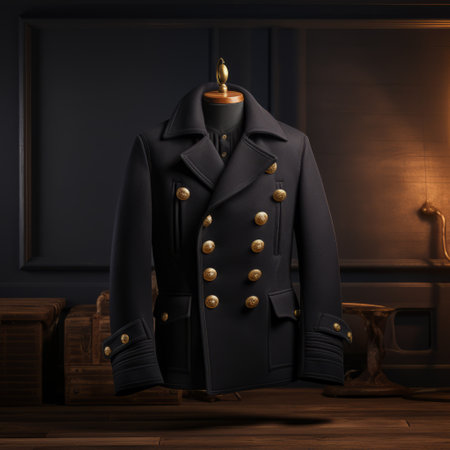 an old black peaked jacket hangs in a dimly lit room, captured in a photorealistic rendering. the navy-colored jacket showcases the intricate craftsmanship of traditional techniques, enhanced by digital airbrushing. the hyperrealistic rendering brings out the detailed marine views, creating a realistic portrayal of the jacket's texture and design. ai generatedの素材