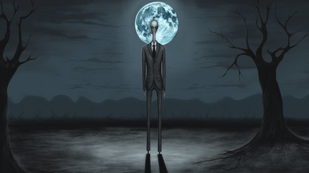 halloween horror wallpaper featuring a full moon night in a surrealistic figurative style. the image showcases a dark gray and light blue color palette, reminiscent of scott adams' alien worlds. the pensive surrealism captures a slender and haunting atmosphere, reminiscent of todd nauck's work. ai generatedの素材