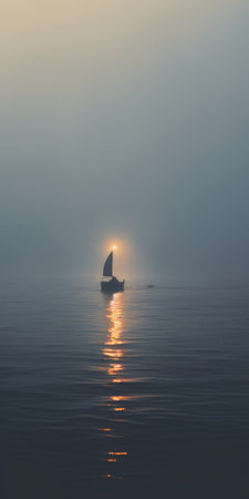 a sailboat gracefully glides through the water as the sun sets, capturing the essence of the misty and poetic minimalism style of the dusseldorf school of photography. this captivating image showcases environmental awareness through its serene depiction of nature. the play of light installations against the dark cyan and gray tones adds a touch of intrigue, reminiscent of the works of daniel ridgway knight. aiの素材