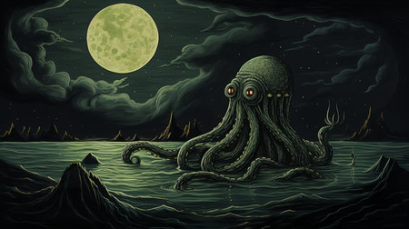 an octopus gracefully swims in the water, illuminated by the moon. this captivating image showcases a dark gray and green color palette, reminiscent of detailed science fiction illustrations. the large scale mural depicts haunting visuals, with horizons stretching beyond imagination. the intricate artwork evokes a sense of mystery, akin to the illustrations found in the necronomicon. the inclusion of "rtx on" suggests a high-quality renderingの素材