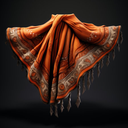 an orange scarf with fringe, featuring realistic and hyper-detailed renderings, captures the essence of classical antiquity. the vray tracing technique brings out the lively tableaus, reminiscent of the han dynasty. this scarf, adorned with ornate decoration, is a masterpiece by the talented artist dariusz zawadzki. ai generatedの素材