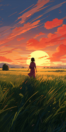 post-impressionism painting by ivan camille corot, showcasing vibrant grassy fields, magical lighting, and a majestic sunrise. this artwork captures the essence of a japanese rural scenery, incorporating elements of pop art deco style and stylization inspired by atey ghailan and alena aenami. ai generatedの素材