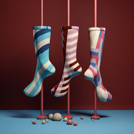 a digital art print sock featuring vray tracing, stripes, and shapes. this photorealistic still life showcases a combination of light maroon and sky-blue colors. the design is reminiscent of editorial illustrations and patriotic themes, with fragmented advertising elements. ai generatedの素材