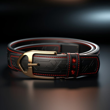 a matte black belt with a red buckle, rendered in cinema4d and daz3d, showcases an interplay of lines and fine line details. the striking combination of red and gold adds a touch of elegance to this layered composition. this high-resolution uhd image captures the intricate design of the belt. ai generatedの素材