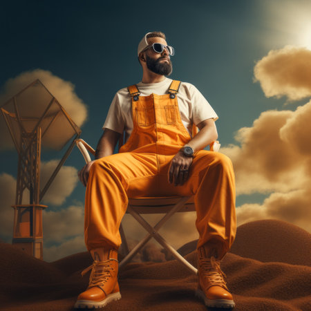 a man sits in the desert, donning orange overalls, in a sophisticated surrealism style. the industrial and product design elements blend seamlessly with the photorealistic scenes. the solarizing master's touch adds a unique twist to the hip-hop inspired, high contrast shots. this photo captures a realistic genre scene, showcasing the man's solitude amidst the vast desert landscape. ai generatedの素材