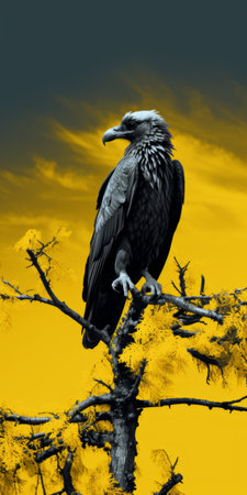 a vulture, with its wings spread wide, perches majestically on a gnarled tree branch. the yellow and black color scheme adds a striking contrast to the scene, while the illustrative storytelling style captures the essence of this magnificent bird. the image, created with a touch of poetcore, exudes a medievalist aesthetic, evoking a sense of mystery and intrigue. shot on ferrania p30 film, the vintageの素材