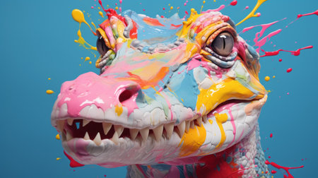 a dinosaur stands against a backdrop of splattered paints, creating a vibrant and dynamic background. this hyper-realistic pop-art fusion piece showcases the dinosaur in a style that combines realistic anamorphic art and mind-bending sculptures. the intense close-ups capture the dinosaur's dynamic and exaggerated facial expressions, while the sky-blue and pink colors add to the overall visual impact. the image is in 3840x2160 resolution. ai generatedの素材