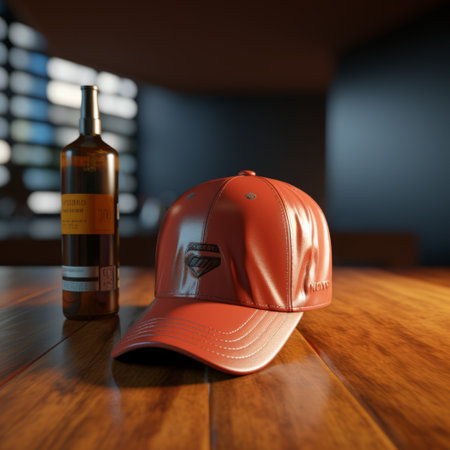 a bottle of red wine sits on a table, adorned with a vibrant red baseball cap. this stunning photo, rendered with octane render, showcases a light orange color palette and a hyperrealistic precision. the leatherhide texture adds a touch of elegance to the composition. the use of rtx technology enhances the visual appeal, while the photo was captured with the provia film simulation, giving itの素材