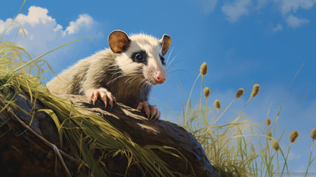 an adorable possum is depicted in this concept art image, showcasing a realistic landscape with soft edges. the trompe l'oeil technique is used to create a lifelike portrayal of the possum against a backdrop of realistic blue skies and spiky mounds. this image perfectly captures the essence of prairiecore aesthetics. ai generatedの素材