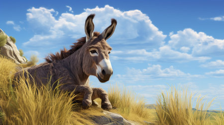 a donkey stands on a picturesque hillside, captured in a highly detailed and charming character illustration. this daz3d style image showcases the donkey's unique caricature features, while the 32k uhd resolution and oil portraitures add a touch of sharpness and depth to the artwork. ai generatedの素材