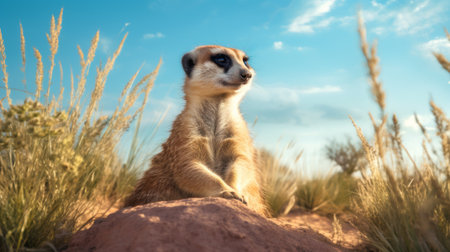a meerkat sitting in the grass with an orientalist landscape style background. the image showcases a combination of light amber and sky-blue colors. this uhd photo, captured by national geographic, is of high quality and features an adventure-themed atmosphere. the colors of the meerkat and the background blend harmoniously, with hints of light maroon and orange adding depth to the composition. ai generatedの素材