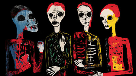 skeletons of each other dressed in white shirts and red shoes, depicted in a style that combines graphic expressionism, dark expressionism, and folk-inspired illustrations. the artwork showcases elements of black paintings, with a color palette dominated by dark aquamarine and red. these folkloric portraits have a unique twist, blending elements of alienpunk aesthetics. ai generatedの素材