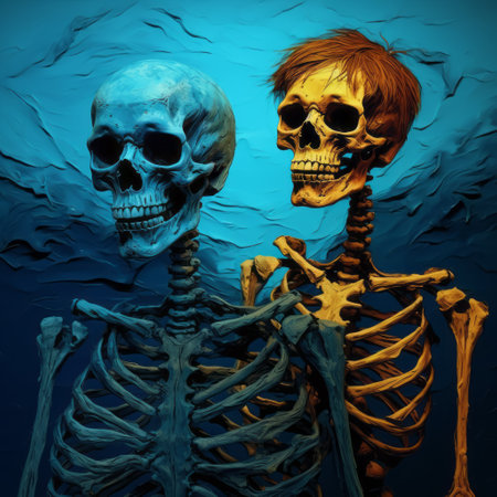 two skeletons, portrayed in a hyper-realistic style, stand side by side against a backdrop of distorted portraiture. the use of water, azure, and amber colors adds a romantic touch to the illustration. the light cyan and dark blue hues create a captivating atmosphere, reminiscent of oil portraitures. ai generatedの素材
