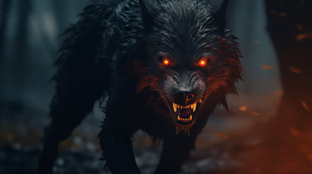 a black wolf, rendered in the hyper-detailed and realistic style of octane render by marcin sobas, is captured walking in the dark. the wolf's strong facial expression adds to the dark and explosive atmosphere of the scene, with hints of dark yellow and red tones, reminiscent of a fairy tale setting. ai generatedの素材