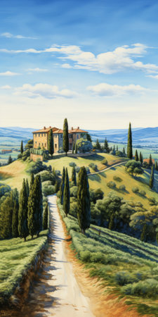 headland artwork, coastal road, cypress trees, dark green foliage, brilliant blue sky, luxurious villa, hill, warm sunlight, serenity, elegance, watercolor painting, textured paper. ai generatedの素材