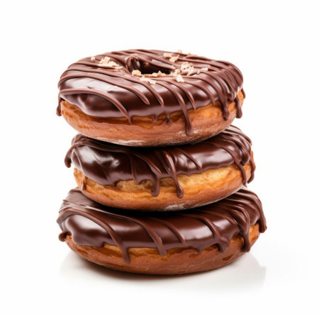 a stack of chocolate covered doughnuts, isolated on a white background. this photo captures the deconstructive style of valentin de boulogne, with a touch of pantonepunk inspiration. the dark black color and striped pattern add a visually striking element. shot with a nikon af600, this image is perfect for creative commons attribution. ai generatedの素材
