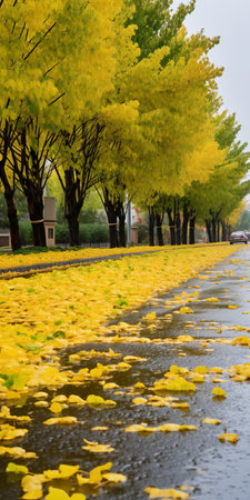 gingko boulevard with wet ground, featuring golden geranium trees on both sides. the road is adorned with yellow geranium biloba leaves. in the distance, a mountain can be seen. this real shot of geranium biloba captures the clear scenery with ultra-high resolution. ai generatedの素材