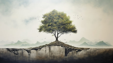 an earth-inspired oil painting featuring a minimalist approach. the focal point is a lone tree, positioned off-center for added interest. collage techniques and elements of photography are used to create texture and depth in this captivating artwork. keywords: earth-inspired oil painting, minimalist approach, lone tree, off-center, collage techniques, photography, texture, depth. ai generatedの素材