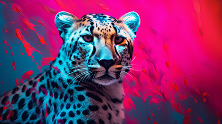 leopard wallpaper art featuring a vibrant blend of purple and pink hues against a bright background. this unique piece showcases the use of infrared filters, combining realism with surrealistic elements. inspired by action painting, the artwork incorporates striking red and cyan tones. reminiscent of national geographic photos, it boasts expressive character design and utilizes ray tracing techniques. ai generatedの素材