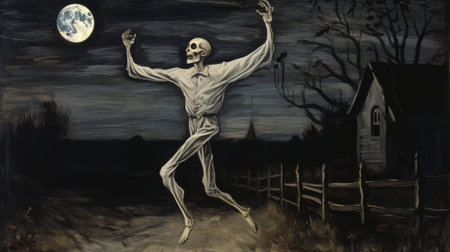 a dynamic painting by john french sloan featuring a skeleton gracefully soaring towards the moon. the artwork showcases twisted branches reminiscent of paul delvaux's style, while maintaining a low resolution. the composition captures the essence of dance and is beautifully sculpted. ai generatedの素材