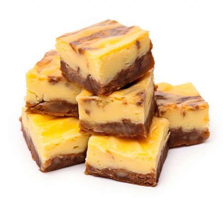 several large cheesecakes, with a marbleized appearance, are placed on a white background. the cheesecakes have a dark yellow and light amber color, creating strong diagonals. the image has a streaked effect, reminiscent of the artistic style of emila medkov. the photograph was taken using a konica big mini camera, capturing the beauty of the cheesecakes in a unique way. ai generatedの素材