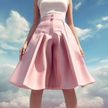 a model showcasing a pink skirt, gracefully raising her hands against a backdrop of realistic blue skies. this hyperrealistic rendering captures voluminous forms and exquisite detail, highlighting the soft and rounded shapes. the image exudes a touch of retro glamor, making it a visually stunning and captivating piece. ai generatedの素材