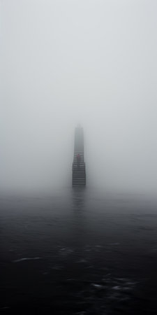 a small light illuminates the foggy surroundings near a serene body of water. this captivating photo, reminiscent of even mehl amundsen's style, showcases mesmerizing optical illusions. the use of the tokina opera 50mm f/1.4 ff lens adds depth and clarity to the image. influences from artists like antony gormley and tom thomson can be seen in the composition, which features a unique extreme angle perspective.の素材