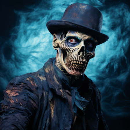 a scary halloween skeleton man with a top hat is depicted in this studio portrait. the image showcases textural paint effects, combining dark brown and blue tones to create a dystopian fantasy atmosphere. the energetic street artist's style is reminiscent of devilcore, captured using a zeiss milvus 25mm f/1.4 ze lens. ai generatedの素材
